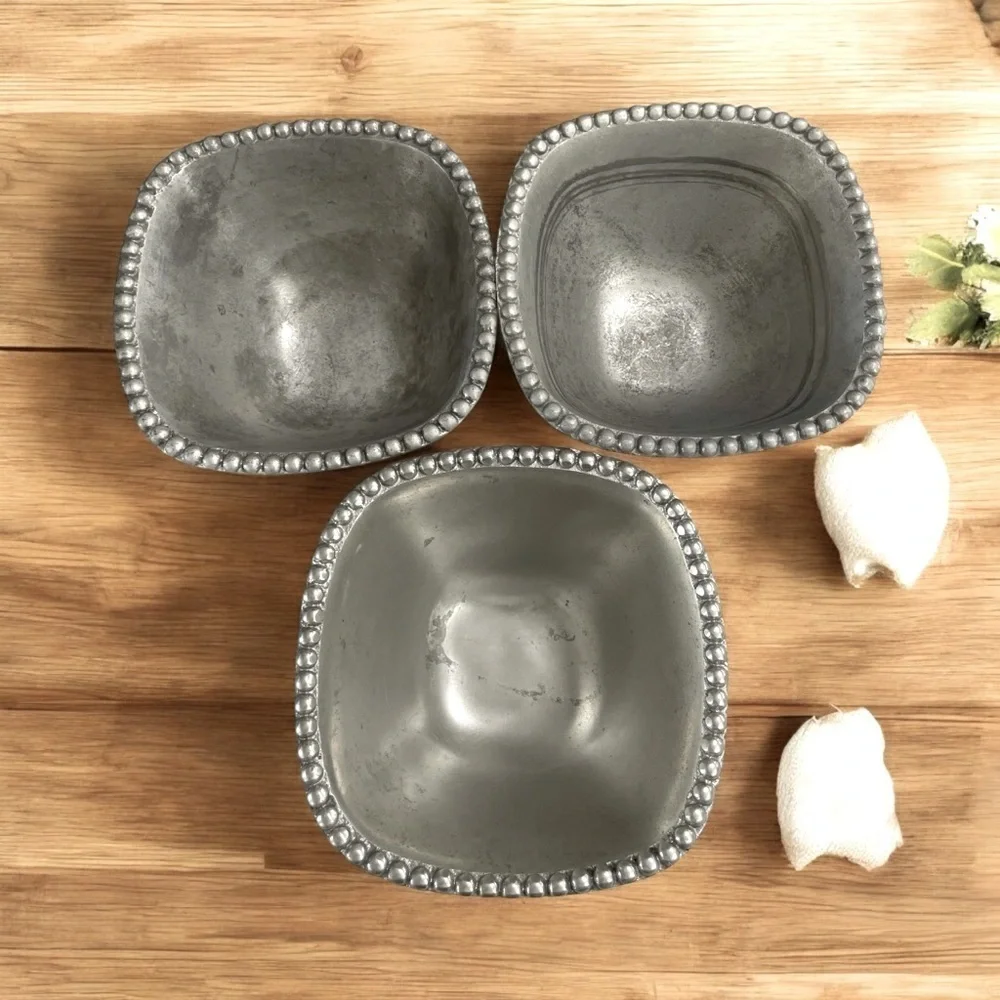 3 Vintage Beaded Silver Serving Bowls/ Planters 8” x 5” Square.
